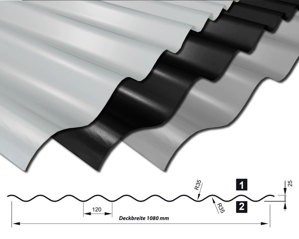 Wellblech W-25/1100 in drei unterschiedlichen Farben - ideal als Wandblech